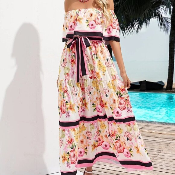 Multicolor Boho Womens Allover Floral Print Off Shoulder Ruffle Hem Belted Dress - Picture 5 of 5